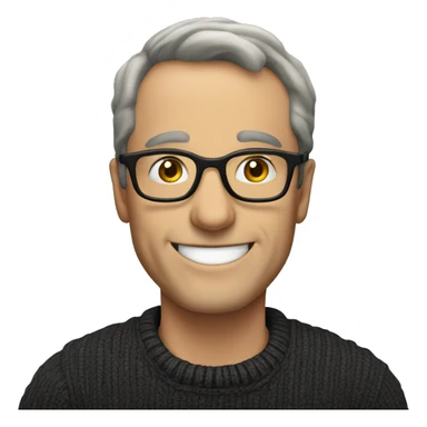 a smiling European middle-aged man wearing glasses, a dark sweater, no mustache sticker