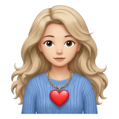 . Her skin glows warmly under the natural light, enhanced by the gentle textures of her knitted beige sweater and flowing hair. her heart-shaped necklace adds a delicate touch, while her serene expression brings a quiet strength to the portrait. The blue sky in the background.
 sticker