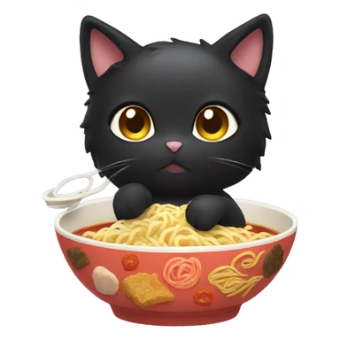 Fluffy black cat eating ramen sticker
