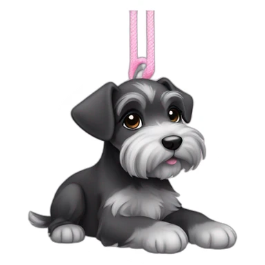 female puppy color "black and gray" breed medium Schnauzer with hanging ears hanging ears and a pale pink string around its neck sticker
