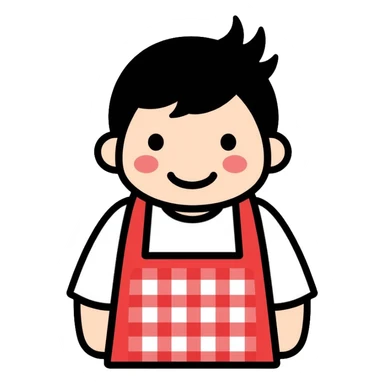 chubby boy with black hair styled upward in front, wearing a red and white checkered plaid apron sticker