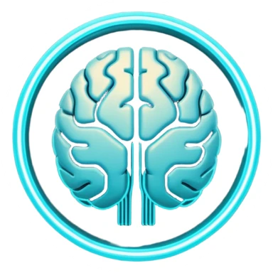 Futuristic neural brain badge icon, minimal glowing brain outline with neon cyan neural lines, small electric spark detail, circular game emblem, sci-fi web3 style, dark background, 3D polished game asset, sharp and high detail, centered composition sticker