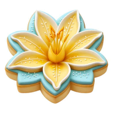 Realistic shortbread cookie in the shape of a lily flower with pastel yellow color jelly middle filling and sprinkled powder sugar on top. sticker