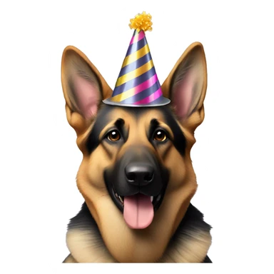 German shepherd wearing a party hat sticker