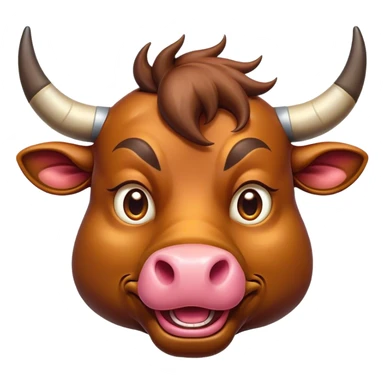 Cinematic Comical Domestic Bull Portrait Emoji, Head tilted dramatically with an exaggeratedly amused expression, featuring a striking, glossy coat with boldly defined horns and wide, expressive eyes brimming with playful disbelief, Simplified yet hilariously expressive features, highly detailed, glowing with a slightly sassy, earthy glow, high shine, dramatic yet playful, stylized with an air of cheeky rural mischief, soft glowing outline, capturing the essence of a spirited and over-the-top domestic bull that looks ready to charge its way into internet fame instantly! sticker