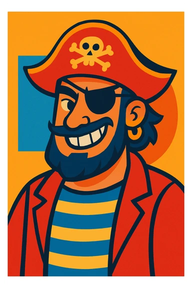 pirate with a smirk, eye patch, striped shirt, playful grin, vibrant toon style sticker