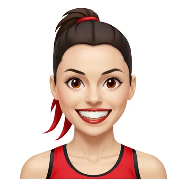 Melanie chisholm with a dark brown high ponytail with a red streak through it, wearing athletic attire and smiling with one gold tooth sticker