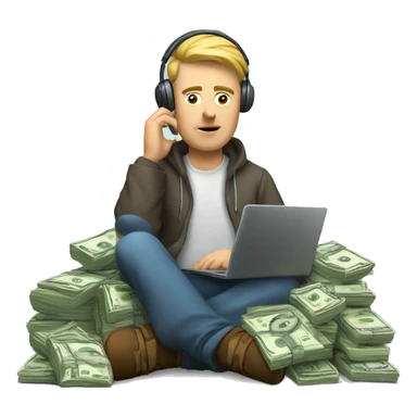 a white man, tired, is sitting at a laptop and talking on the phone, there is a bundle of money next to him, headphones on his head

 sticker