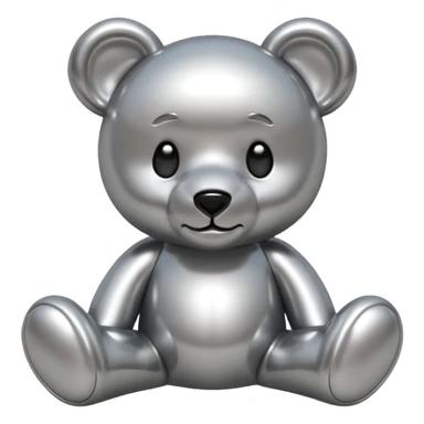 A cute teddy bear emoji made of liquid silver chrome, smooth rounded body, glossy metallic surface, soft reflections, friendly proportions, iOS emoji style, centered, clean white background sticker