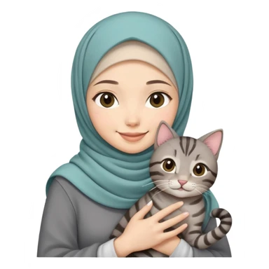 Asian White girl wearing cute hijab holding a black grey tabby cat while smiling.  sticker