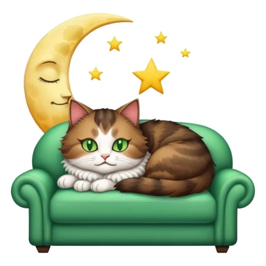 tricolor fluffy cat with big green eyes sleeping on a sofa with a moon above her sticker