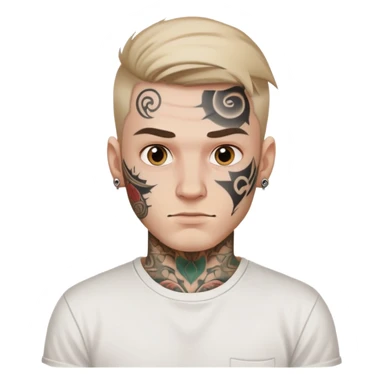 white man with face tattoo, neutral expression, wearing a white t-shirt sticker