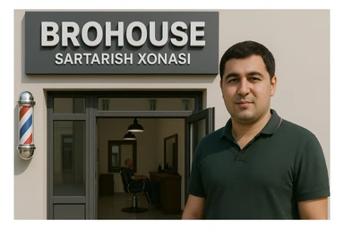 eni shu rasimga manashu odamga uxhshasin sartaosh eshik oldida tursin va tashqarida esa mijoz rasm esa 16 ga 9 bulsin 1920x1080 sticker