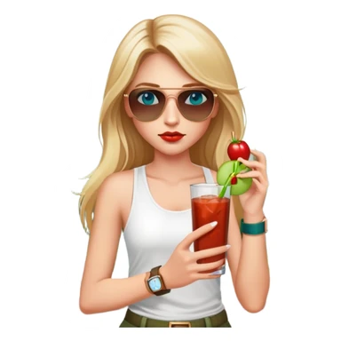 girl with long blond hair
with blue eyes
and aviator sunglasses
wearing white tank top 
holding bloody mary
wearing (rose gold apple watch with forest green band) sticker