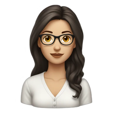 White woman with long dark brown hair using glasses writing sticker