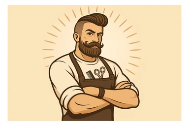 shu pozada turgan faqat chap tarafga qarab turgan sartarosh ustani tasvirlab ber sticker