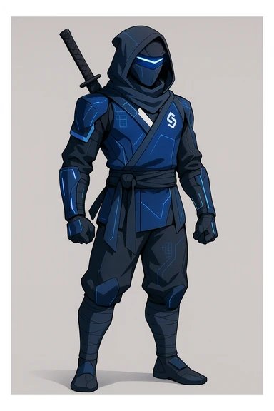 A sleek, modern ninja character inspired by DeepSeek, featuring subtle tech elements and referencing DeepSeek's branding and color palette, in a clean and detailed style. sticker