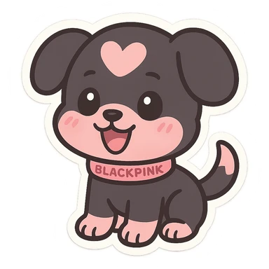 BLACKPINK-inspired chibi sticker, black and pink puppy, cheerful and sweet sticker