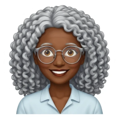 smiling dark older black woman wearing glasses with lots of long curly silver hair a sticker