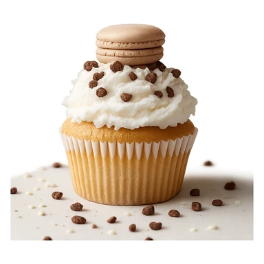 Change the icing to coconut (white, with a slightly textured or shredded coconut appearance), keep the realistic cupcake and accessories, photorealistic style, transparent background. sticker