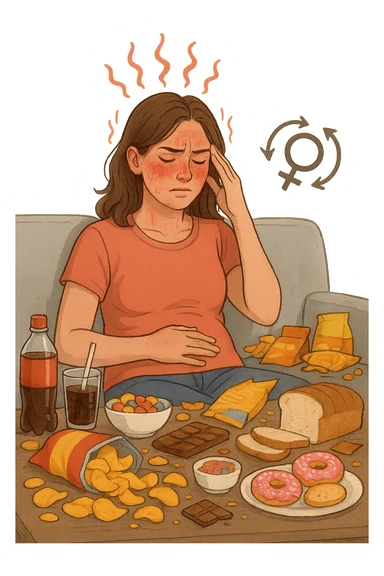 Donna tra i 25 e i 35 anni seduta sul divano o a un tavolo disordinato, circondata da cibi sparsi e poco sani: patatine, dolci, pane bianco, snack confezionati, bibite. con infiammazione e squilibri ormonali sticker