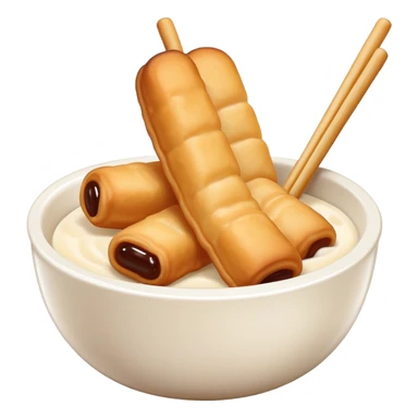 Soy milk and fried dough sticks Doujiang Youtiao in bowl and stick, simplified emoji style with bold outlines and bright colors, cartoon style traditional Chinese breakfast combo sticker