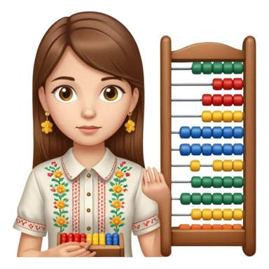 A Ukrainian girl with brown hair in an embroidered shirt holds an Abacus sticker