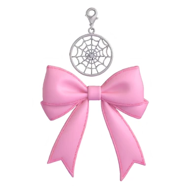 3D emoji style pink bow with gothic effect, pastel pink with black spiderweb embroidery, silver moon charm sticker