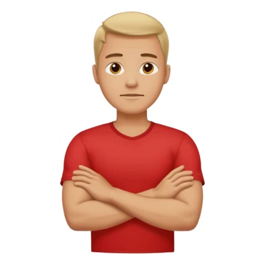 man with arms crossed holding neck in red shirt sticker