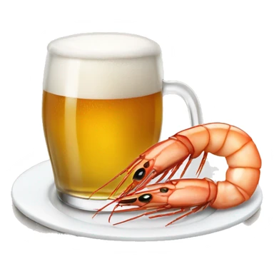 a glass of beer next to a plate of shrimp sticker
