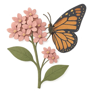 close-up of milkweed flowers with a monarch butterfly, fine paper edges, delicate pink blossoms, detailed butterfly wings sticker
