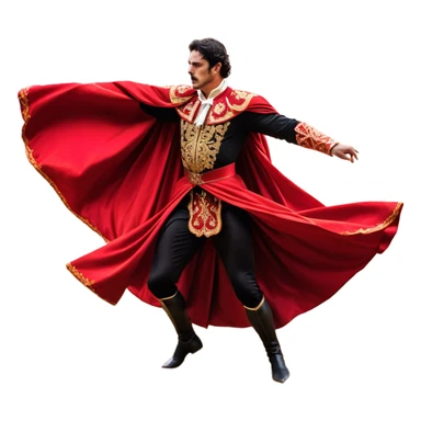 ​Cinematic Realistic Spanish Matador Holding a Red Cape, depicted in mid-action with a vibrant red cape flowing in the wind, dressed in an ornate traje de luces with shimmering details, confronting a charging bull in a dramatic arena, rendered with dynamic motion blur and vivid, high-contrast lighting, sticker