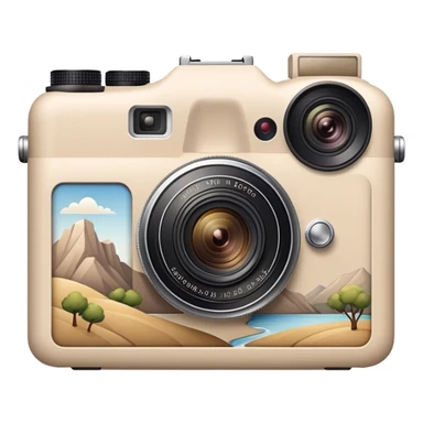 A beige camera with a landscape photo next to it. sticker