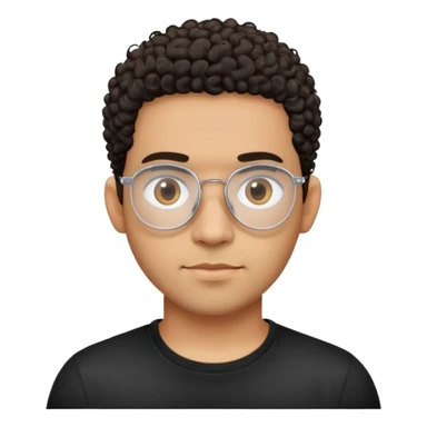 Light brown skinned Latino man with oval face, transparent aviator eyeglasses with thin metal frames, completely bald sides with extremely short dark curly hair only on crown, friendly neutral expression, casual black t-shirt sticker