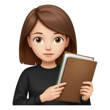 a girl with documents in her hands, in a black sweatshirt with brown hair with a square sticker