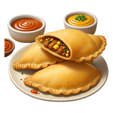 Cinematic Realistic Colombian Cornmeal Empanadas Emoji, showcasing the golden, crispy shell filled with savory meats and spices, served with a side of aji dipping sauce, rendered with vibrant textures and warm, inviting lighting. sticker