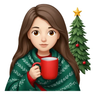 Brown eyes, fair skin, hooked nose, full lips, long hair down to her shoulders, wrapped in a gray blanket, drinking from a red mug with a Christmas tree sticker