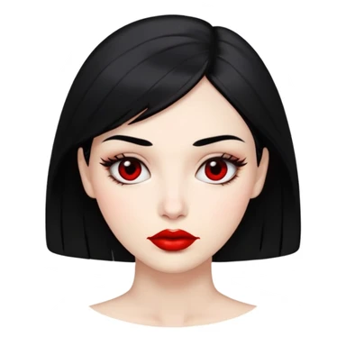 female face with black eyes, black hair at neck level, full red lips, neutral expression sticker