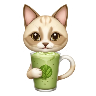 Happy Siamese Cat holding in its paws an iced matcha latte sticker