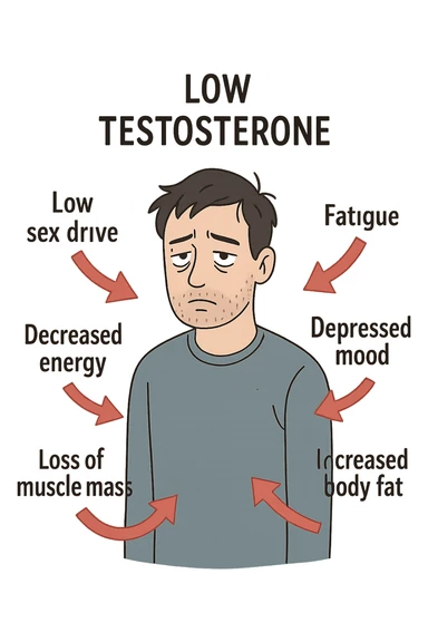  un uomo con espressione affaticata, circondato da frecce rosse che evidenziano sintomi di testosterone basso. frecce rosse sticker