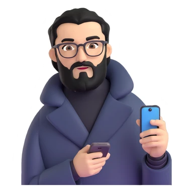 professional man standing, wearing black coat, with medium black beard, black hair neatly combed to one side, connected unibrow, olive tan skin, brown eyes, glasses, prominent nose, holding a smartphone sticker