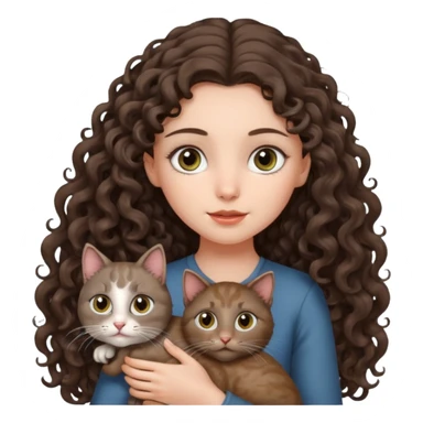 Brunette girl very long curly hair holding Grey cat with a head tilt and large eyes  sticker