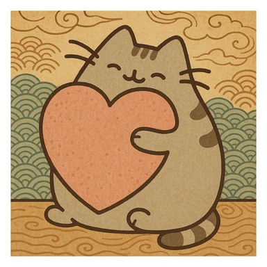 Pusheen hugging a big heart, pastel colors, adorable, ukiyo-e inspired cartoon style sticker