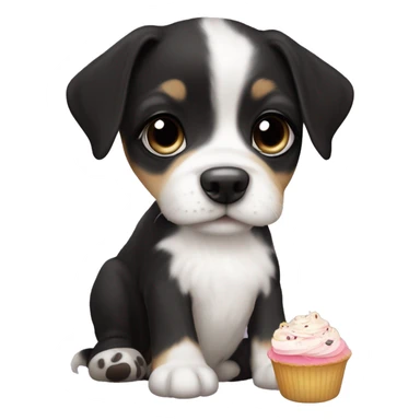 Cute big eyed Black and white girl teddy Roosevelt terrier puppy runt (no brown) eating a cupcake sticker