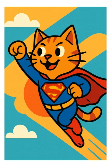 cat in Superman costume, flying, cartoon style, vibrant colors sticker