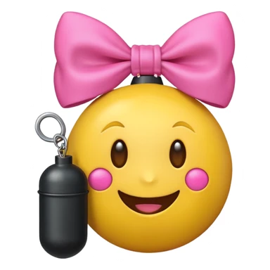 A happy face emoji holding a bomb and the bomb has a cute pink bow on the bomb sticker
