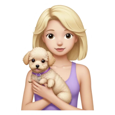 Blonde haired teenager wearing light purple tank top holding a white poochon dog sticker