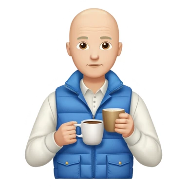 full body bald man wearing long sleeve white shirt with blue puffy winter vest holding a cup of coffee in front of him and nothing in his other hand sticker