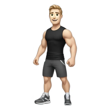 Joyful Pale skinned Fit Man With the biceps and dark brown hair in black shirt, gray sports shorts and white Sneakers sticker