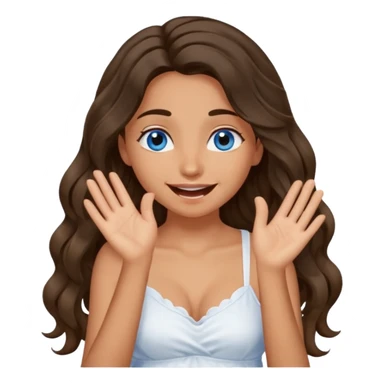 Girl with olive skin, blue eyes, brown dark insanely wavy long hair, white camisole, giggling with hand over face sticker